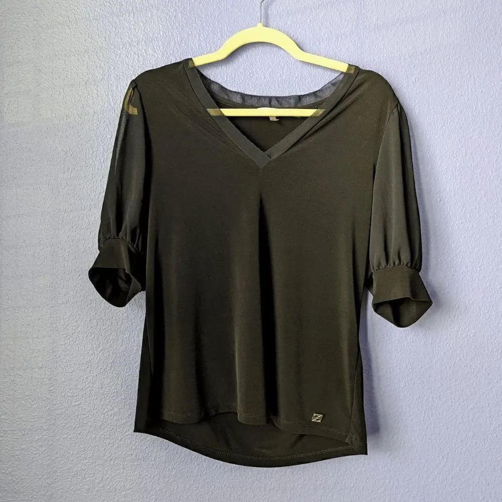 Calvin Klein Blouse Black 1/4 Balloon  Sheer Sleeves & Trim Small Round Neck EUC
